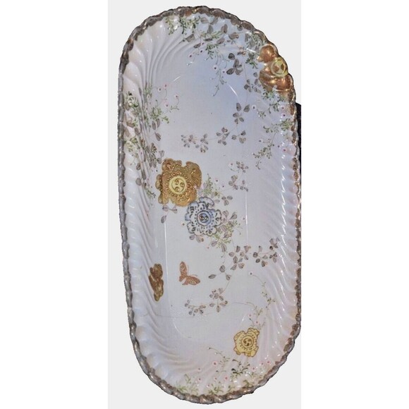 Antique Fine Bone China Serving Dish, w scalloped sides, real gold guilt flowers - Picture 11 of 12